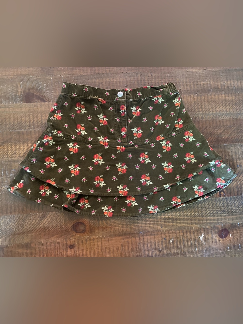 Floral Corduroy Tiered A-Line Skirt in Brown, Size 7